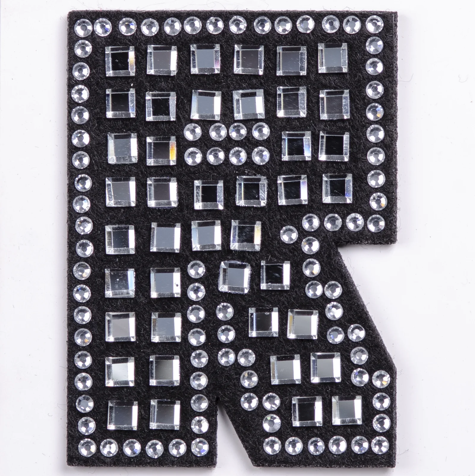 Square and round crystal letter R patch