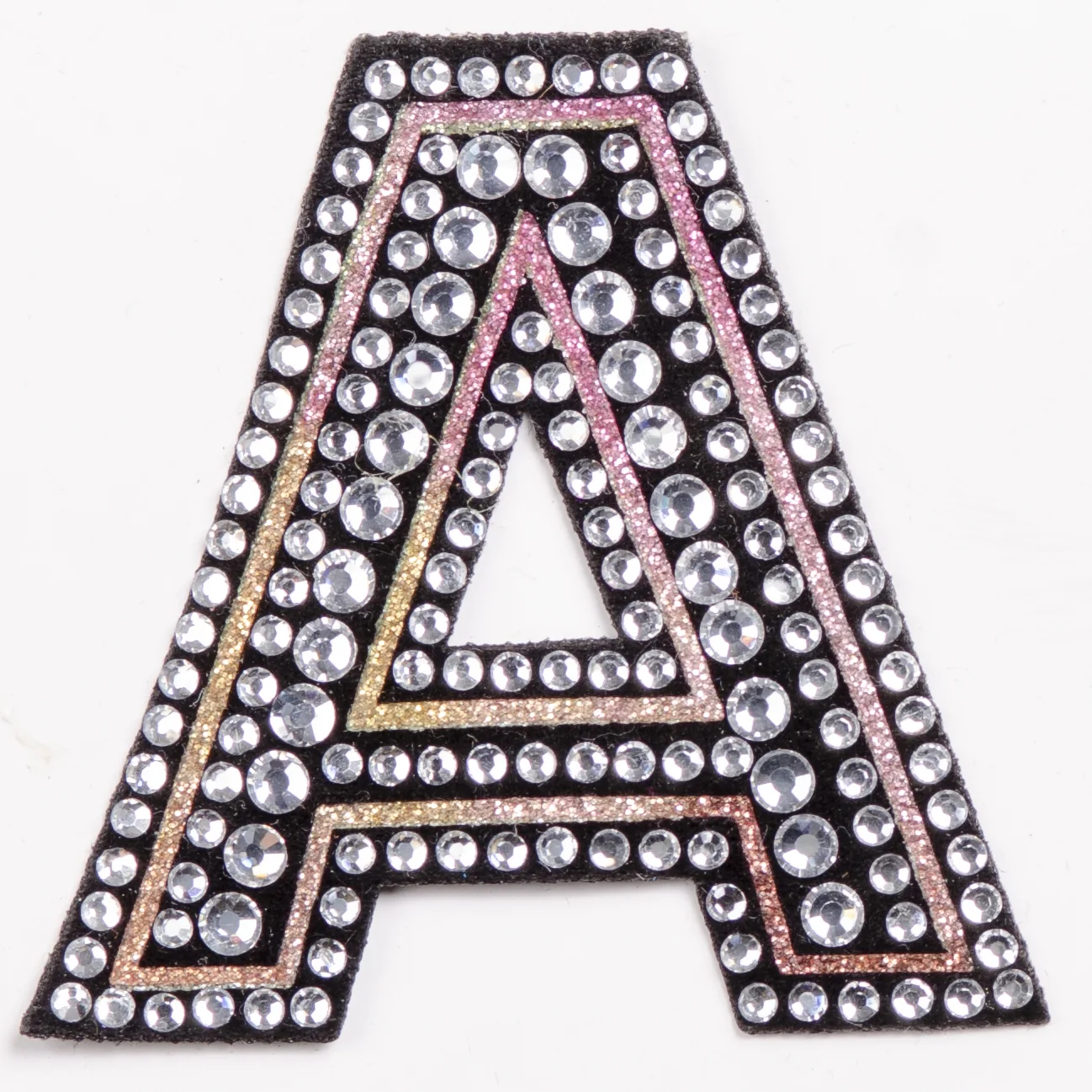 Double-row crystal initial A on a black textile base