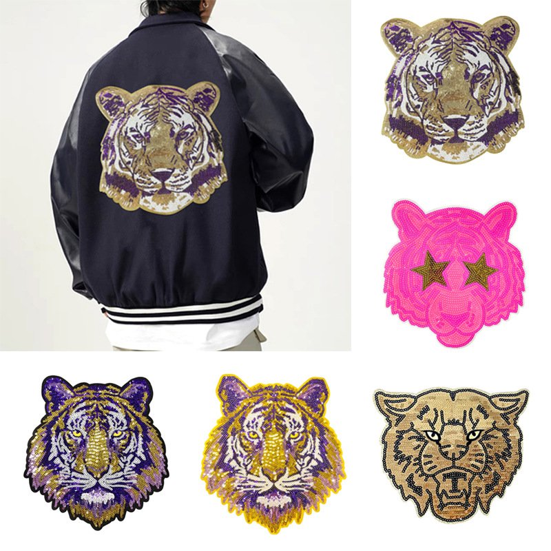 Large sequin tiger embroidered patch 9.92 × 8.82 in