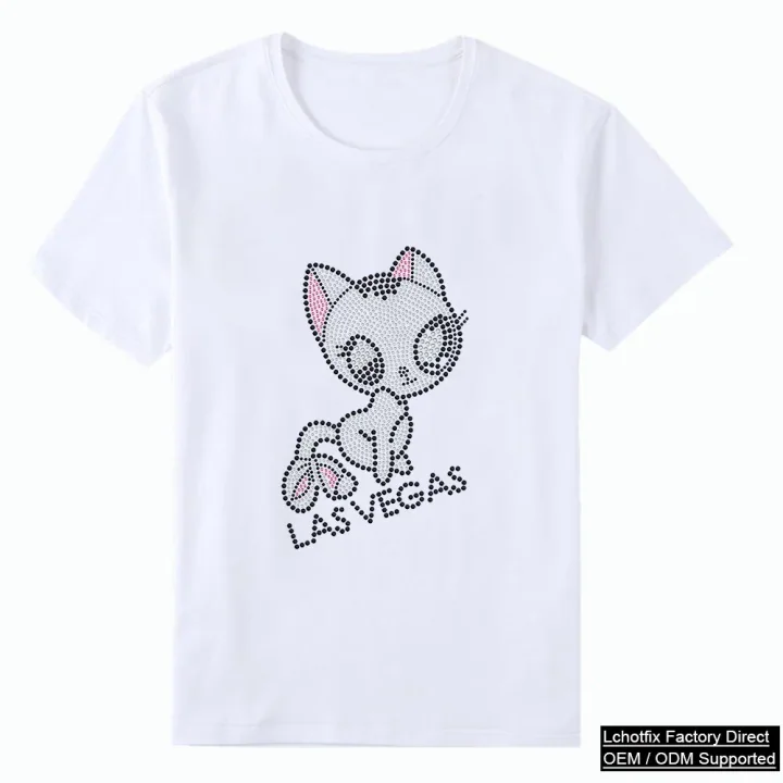 Cat rhinestone heat-transfer T-shirt
