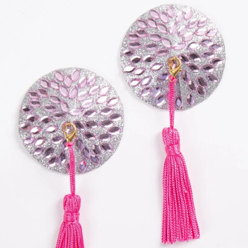 Acrylic PU Glitter Pink Diamond Tassel Nipple Covers