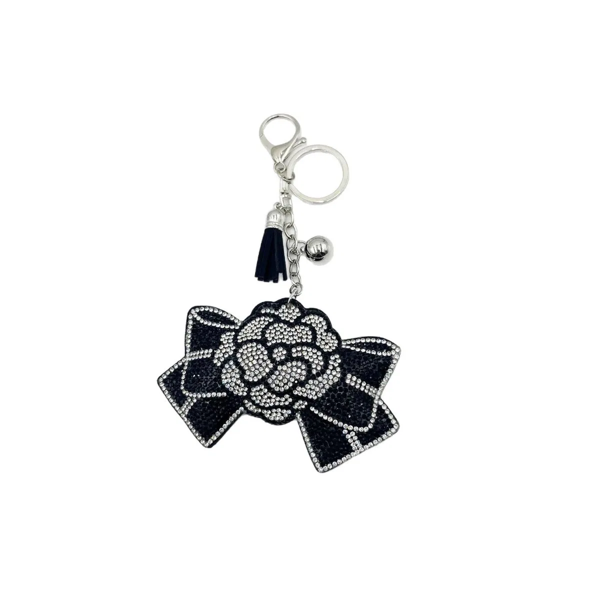 Chic Black Rose Rhinestone Bow Keychain