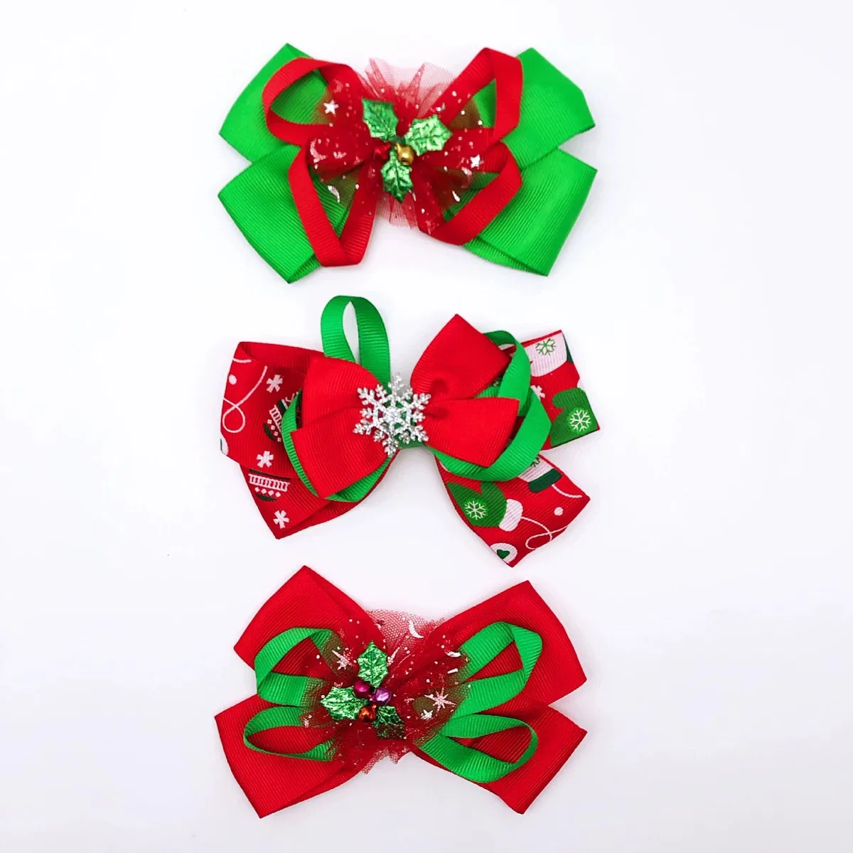 Christmas Holly & Stocking Ribbon Bow Hair Clip Set