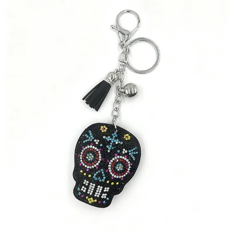 Colorful Rhinestone Skull Keychain with Tassel
