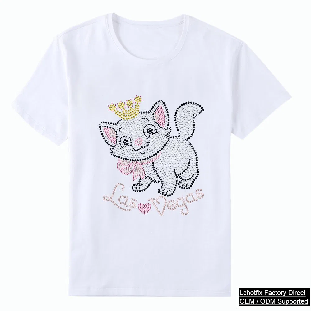 Cute Crown Cat Rhinestone Heat Transfer T-Shirt