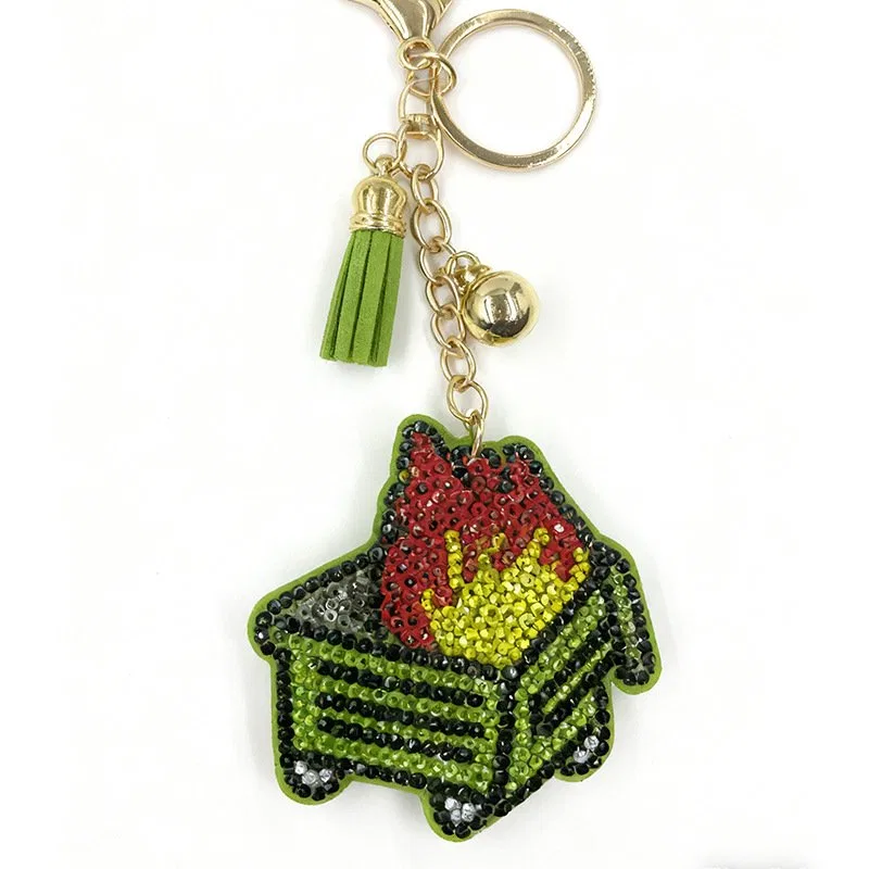 Flaming Plant Rhinestone Keychain with Tassel