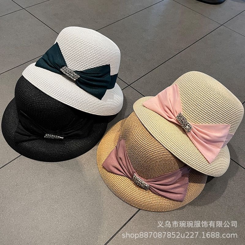 Bow-Trimmed Crystal Buckle Sun Hat, view 2