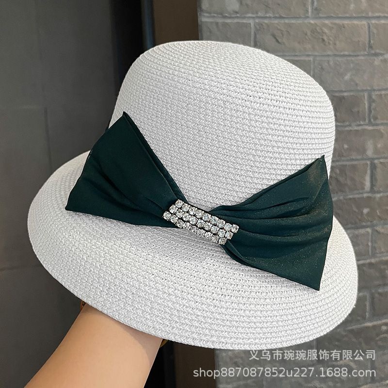 Bow-Trimmed Crystal Buckle Sun Hat, view 4