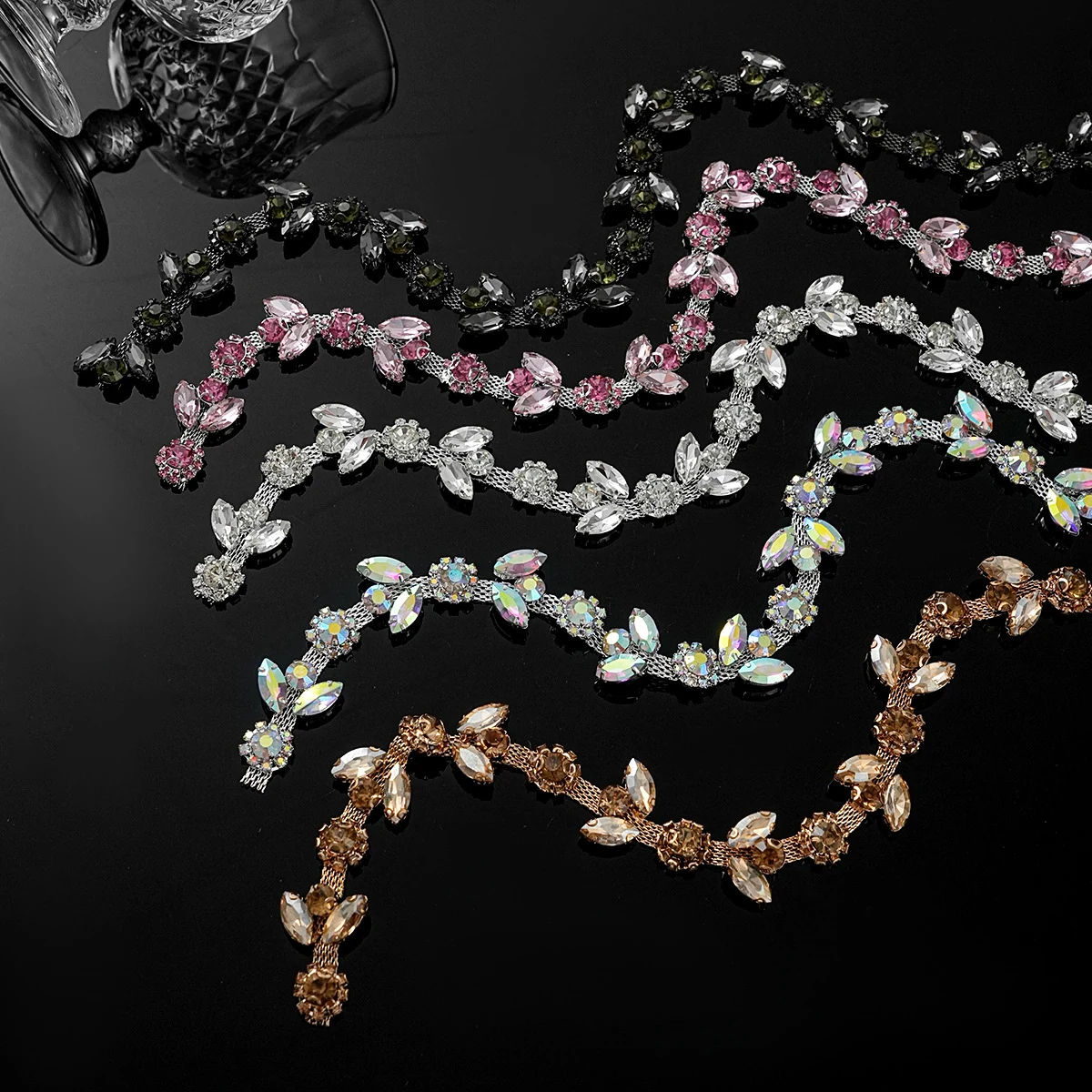 Sparse and Dense Colored Rhinestone Chain Trim, reference view 2