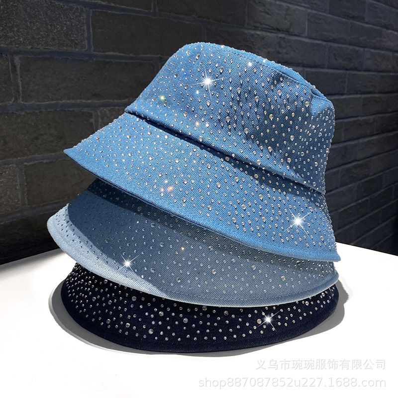 Crystal-Dotted Denim Bucket Hat, view 3