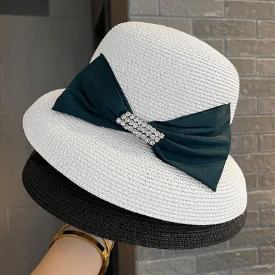 Bow-Trimmed Crystal Buckle Sun Hat, product photo 1