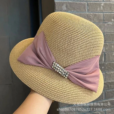 Bow-Trimmed Crystal Buckle Sun Hat, product photo 6