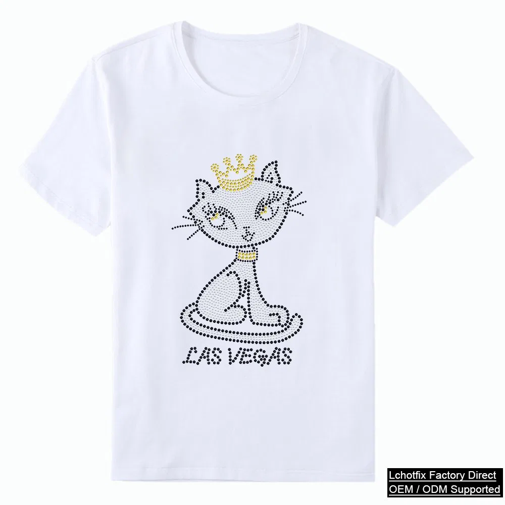 Minimal Crown Cat Rhinestone Heat Transfer T-Shirt