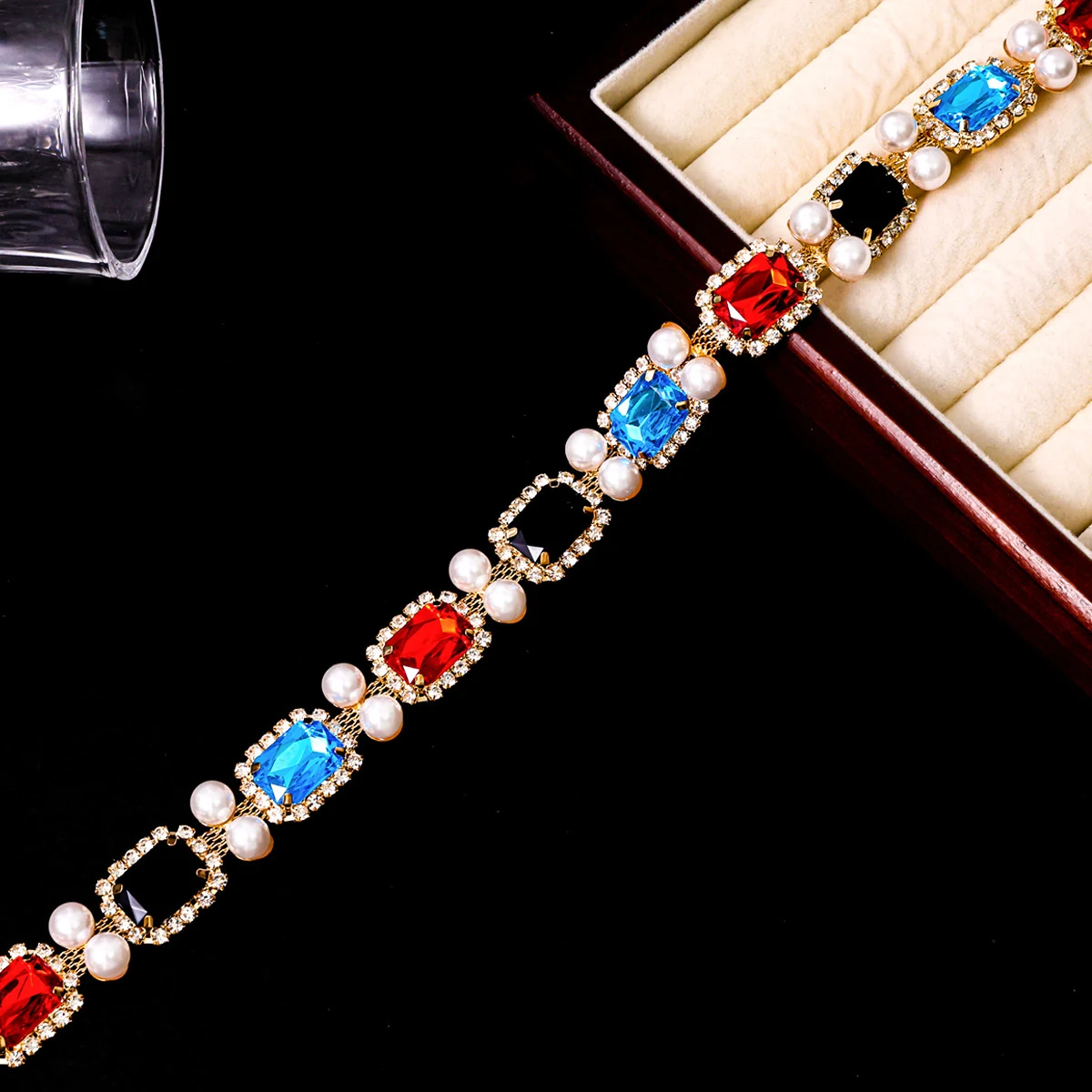 Multicolor Rectangle Pearl Rhinestone Chain