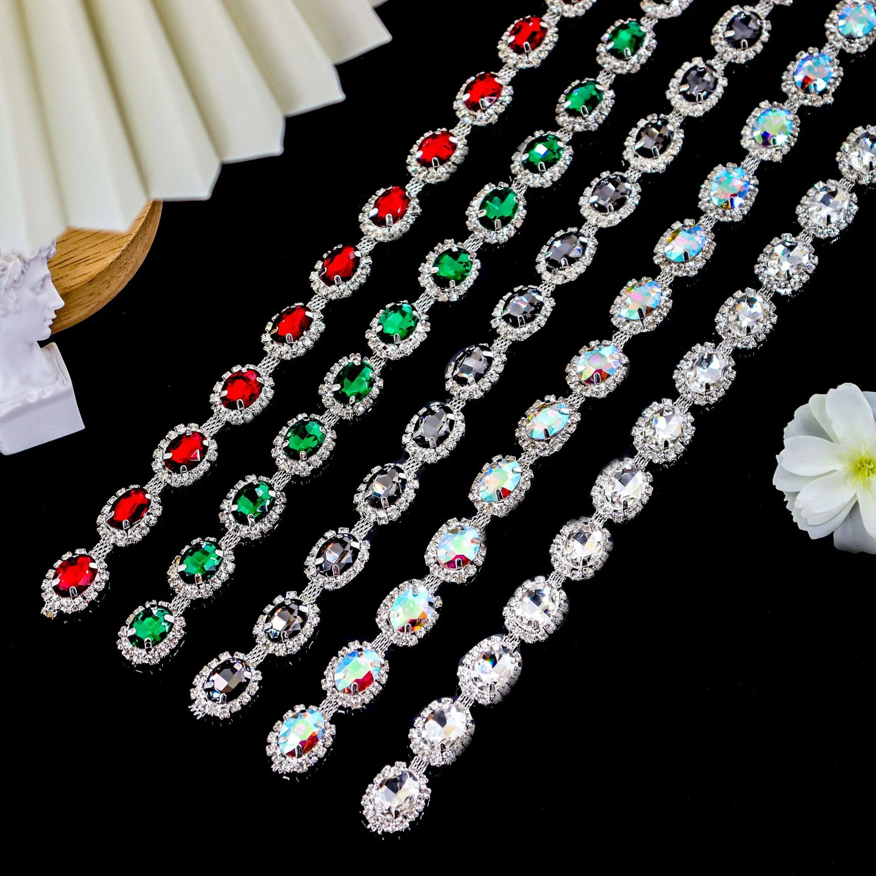 Colored Oval Halo Rhinestone Chain
