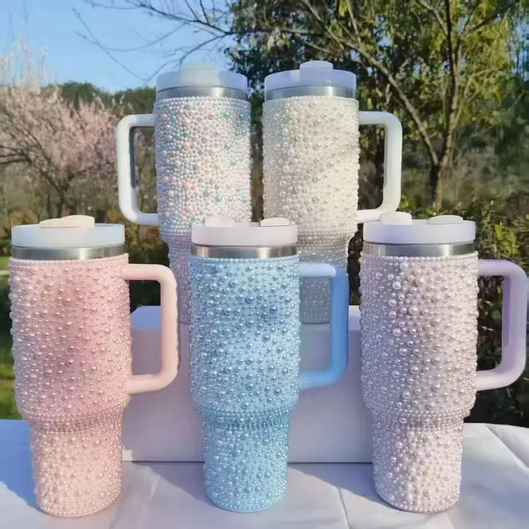 Pearl Beaded 40 oz Tumbler with Handle
