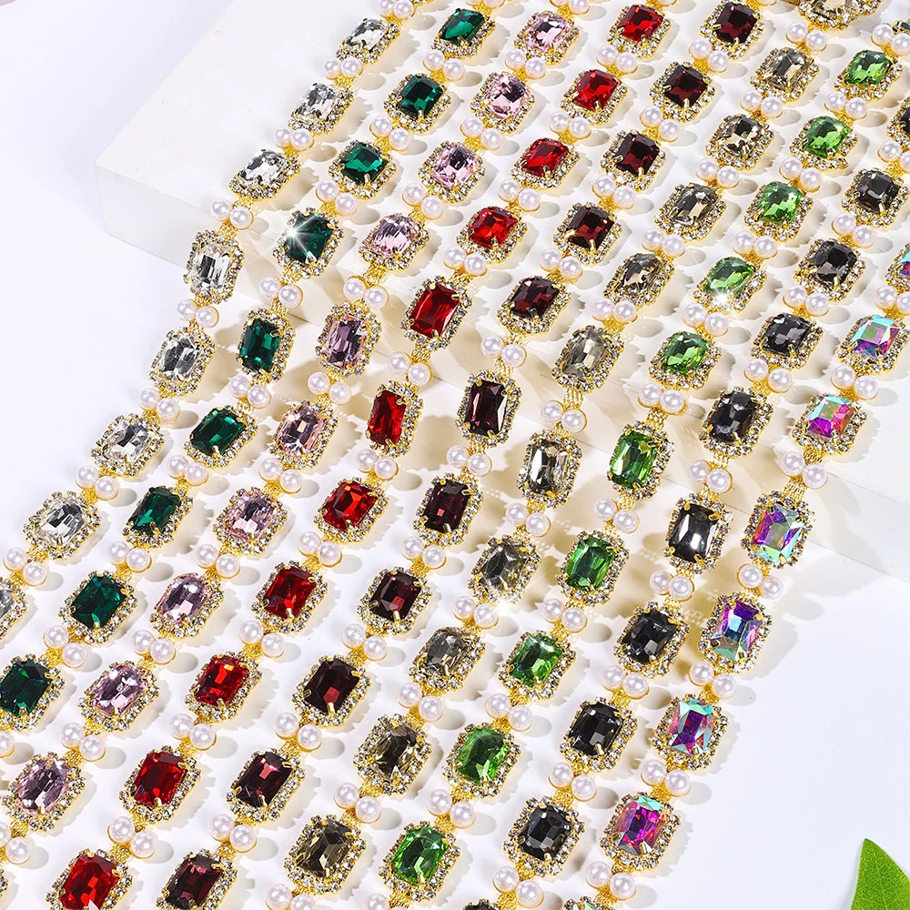 Pearl-Framed Rectangle Rhinestone Chain