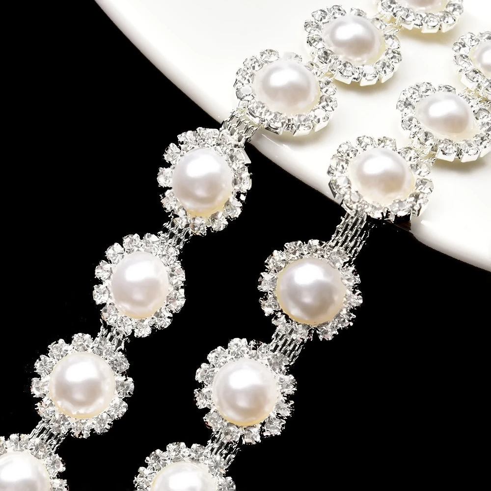 Pearl-Look Rhinestone Decorative Chain Trim