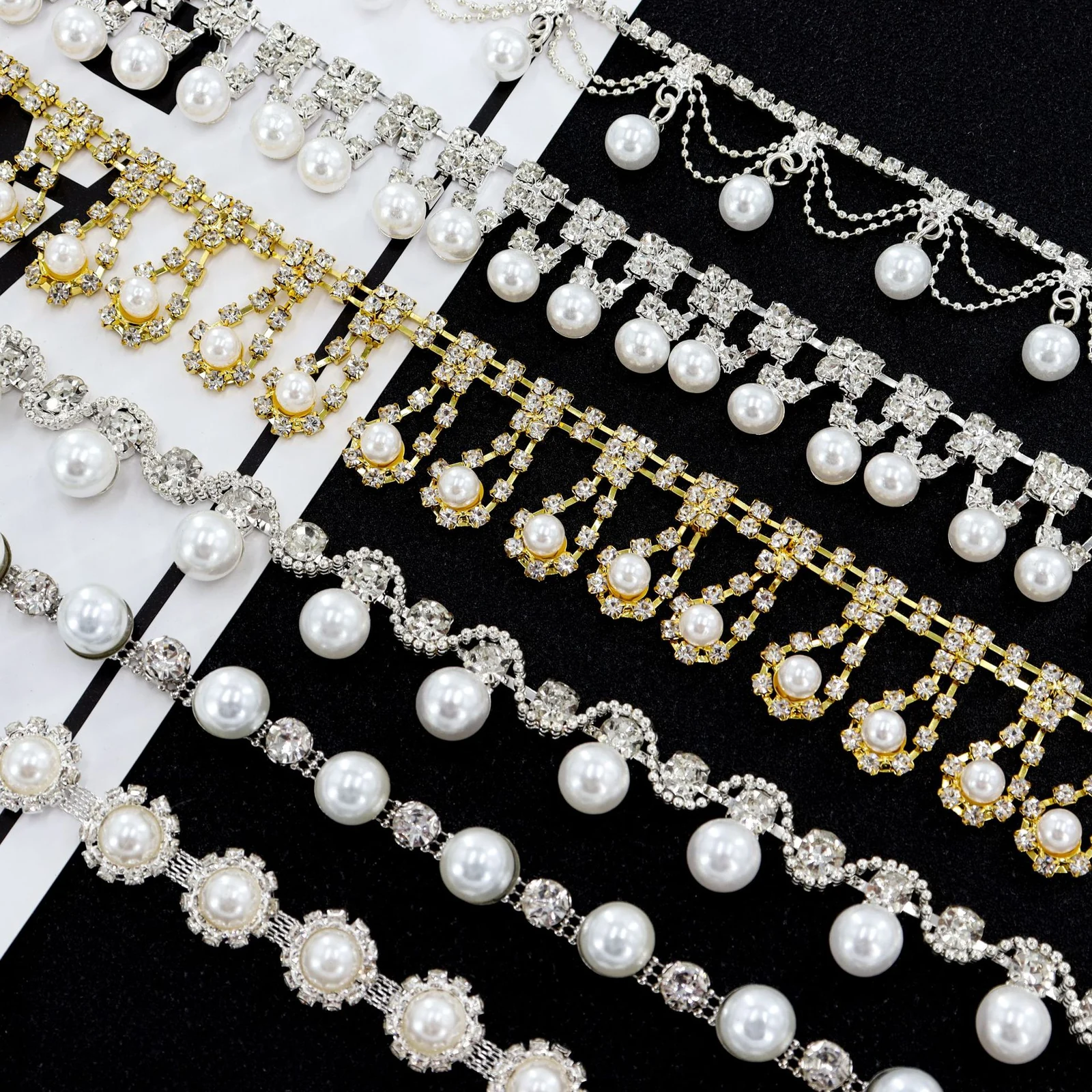 Pearl Rhinestone Chain Trim for Wedding Dresses