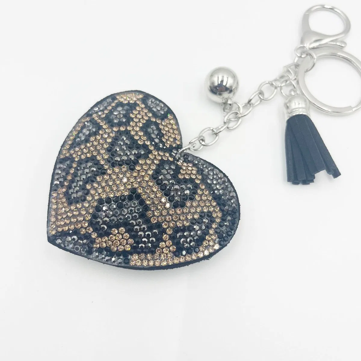 Leopard print heart rhinestone charm with tassel, item HC-YWXK-070