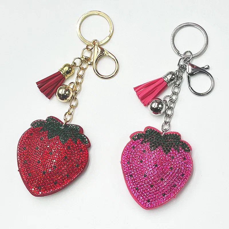 Sparkly strawberry rhinestone charm with suede tassel, item HC-YWXK-066