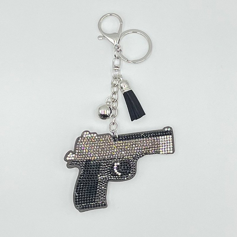 Crystal Pistol Rhinestone Keychain — Edgy Tassel Bag Charm Statement Accessory