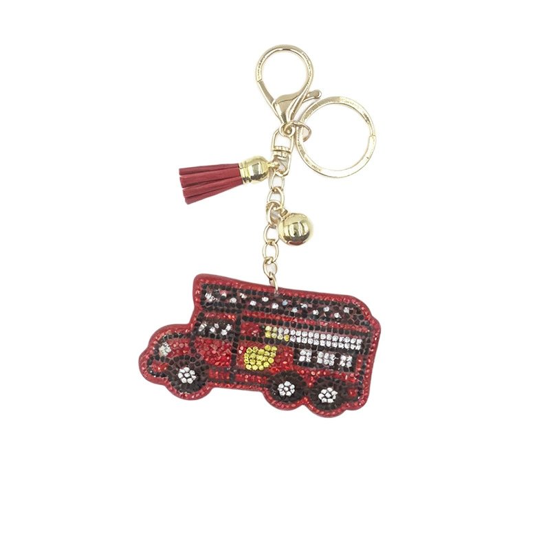Sparkling Fire Truck Rhinestone Keychain — Creative Tassel Bag Charm