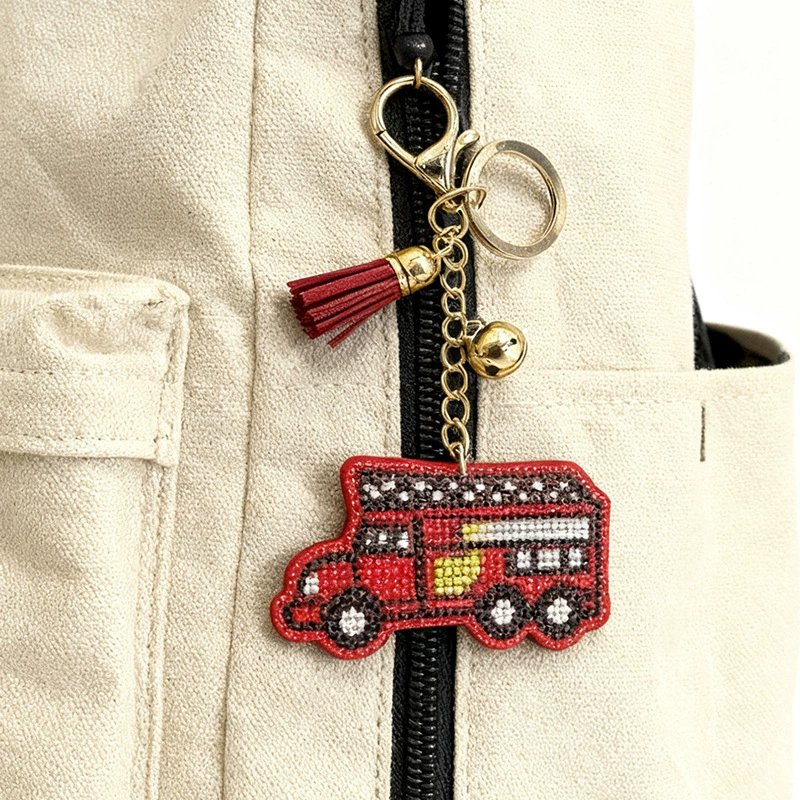 Sparkling Fire Truck Rhinestone Keychain — Creative Tassel Bag Charm