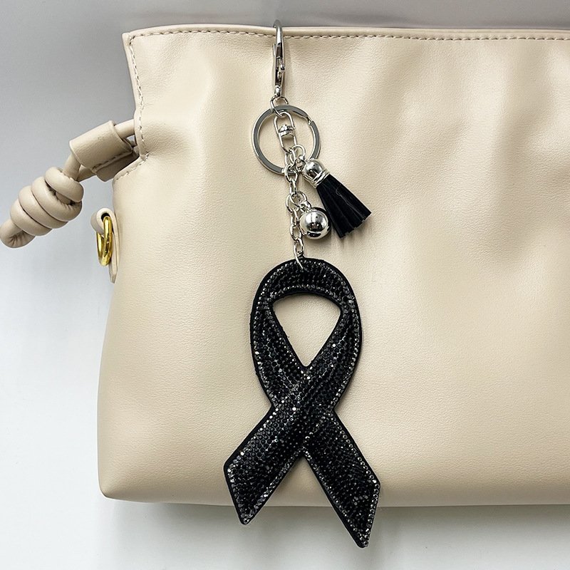 Large Pink Ribbon Rhinestone Keychain — Sparkling Tassel Bag Charm Statement Piece