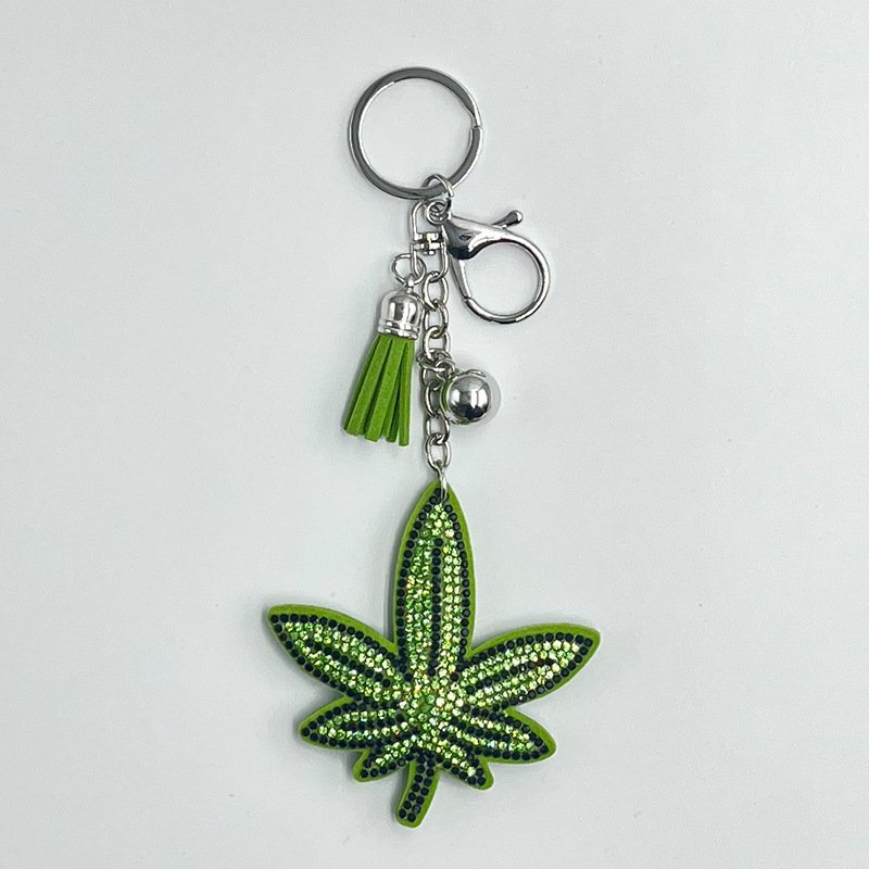 Sparkling Green Leaf Rhinestone Keychain — Trendy Tassel Bag Charm