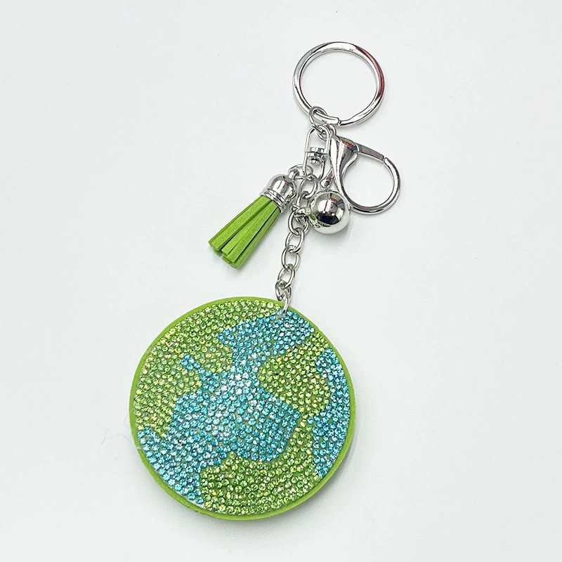 Green Earth Rhinestone Keychain — Eco-Inspired Tassel Bag Charm for Women
