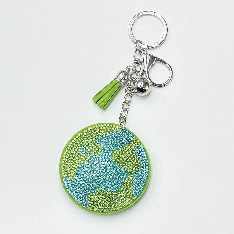 Green Earth Rhinestone Keychain — Eco-Inspired Tassel Bag Charm for Women