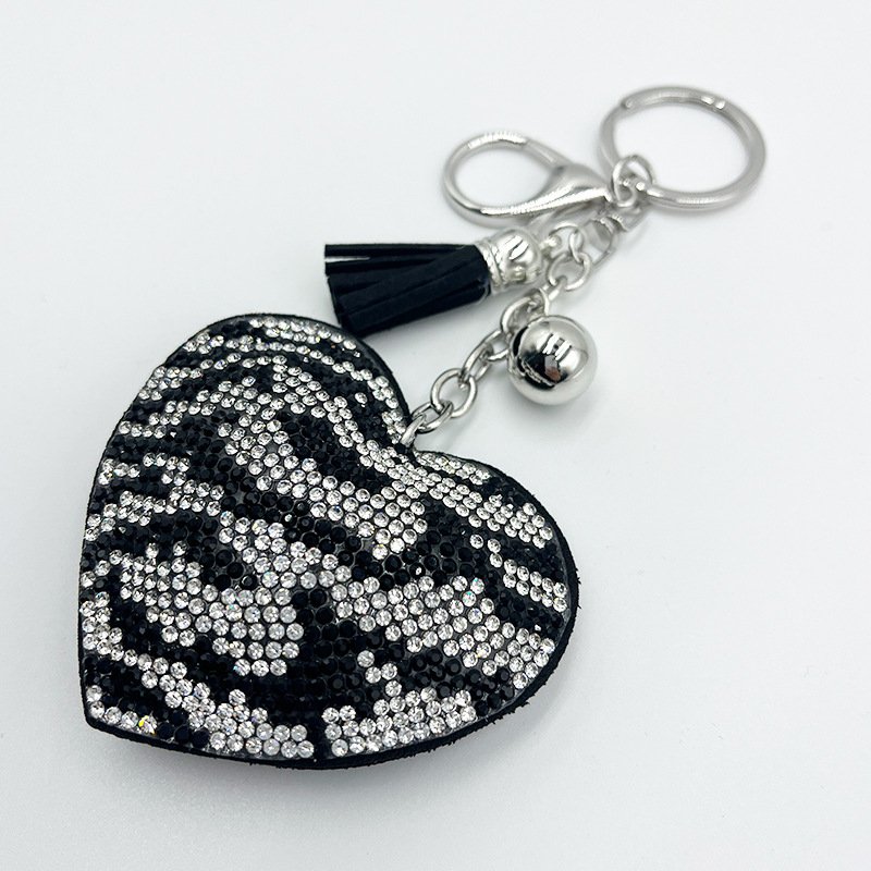 Zebra Heart Rhinestone Keychain — Chic Animal-Print Tassel Bag Charm