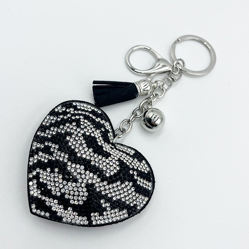 Zebra Heart Rhinestone Keychain — Chic Animal-Print Tassel Bag Charm
