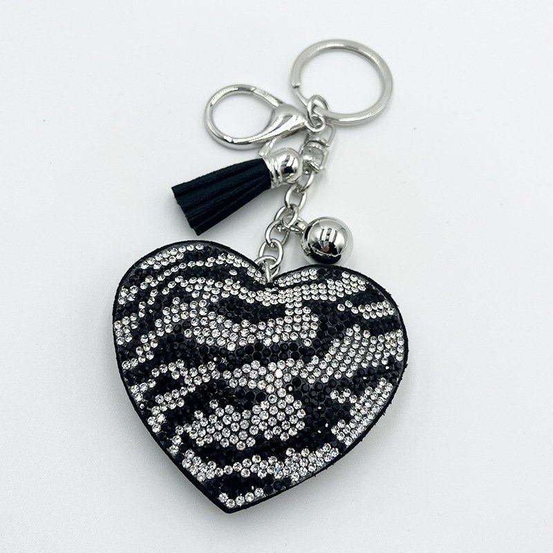 Zebra Heart Rhinestone Keychain — Chic Animal-Print Tassel Bag Charm