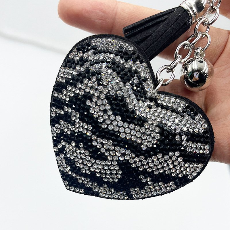 Zebra Heart Rhinestone Keychain — Chic Animal-Print Tassel Bag Charm