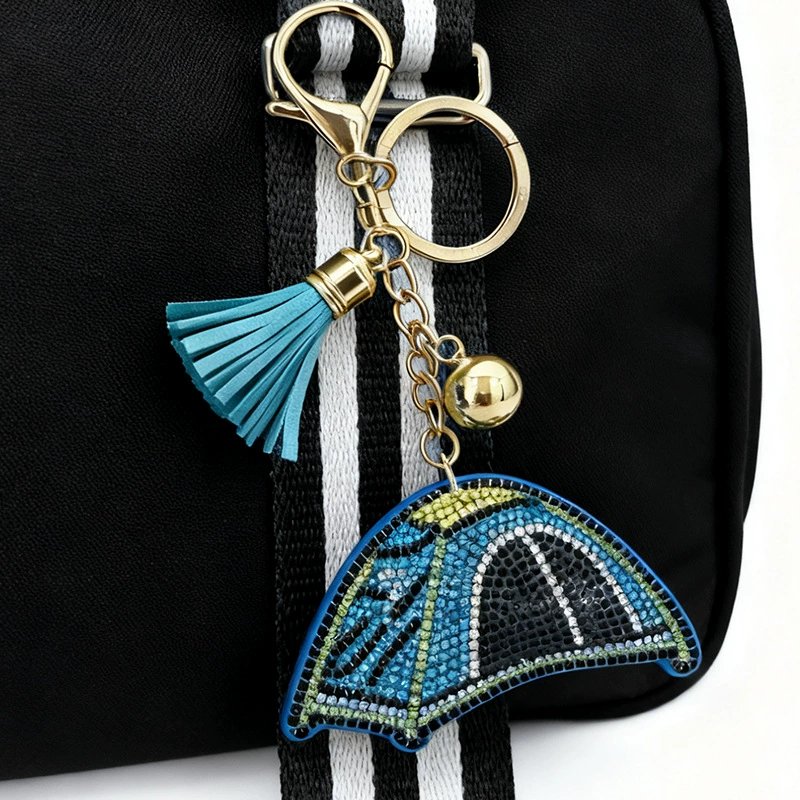 Crystal Camping Tent Rhinestone Keychain — Outdoor-Inspired Tassel Bag