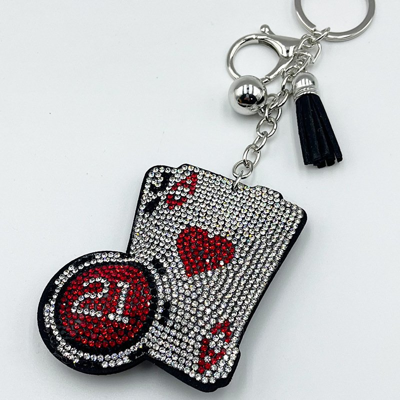 Rhinestone Ace of Hearts Poker Keychain – Sparkling Card Tassel Bag & Car Charm