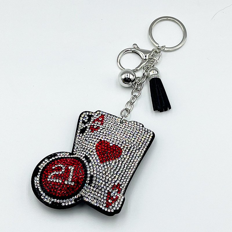 Rhinestone Ace of Hearts Poker Keychain – Sparkling Card Tassel Bag & Car Charm