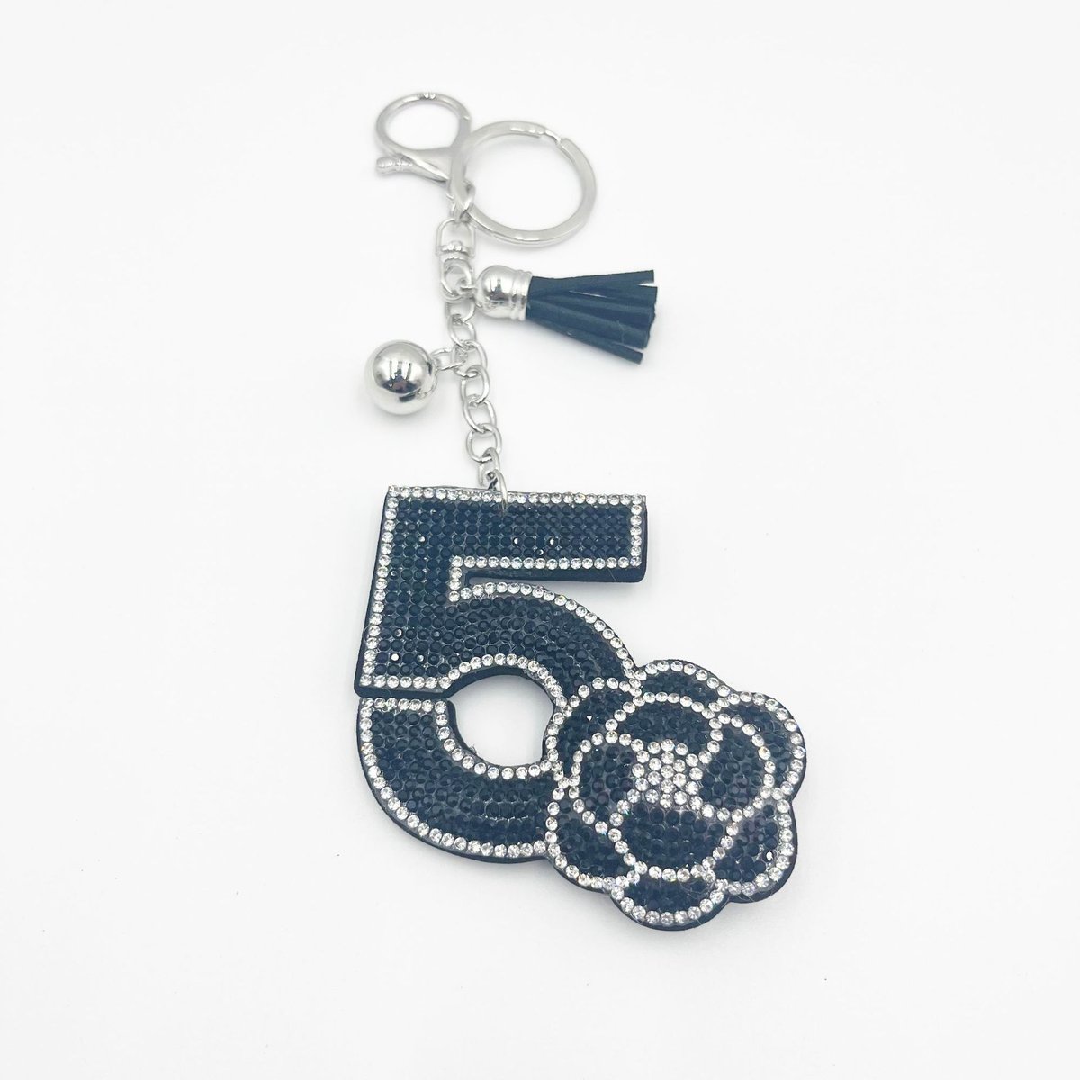 Luxury Crystal No.5 Camellia Keychain – Rhinestone Tassel Designer-Style Bag Charm