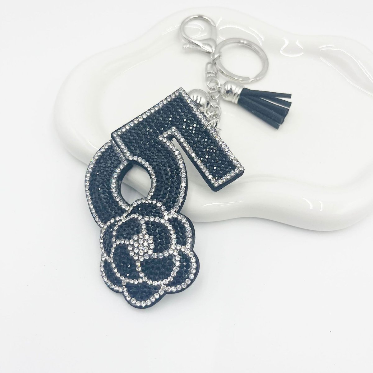 Luxury Crystal No.5 Camellia Keychain – Rhinestone Tassel Designer-Style Bag Charm