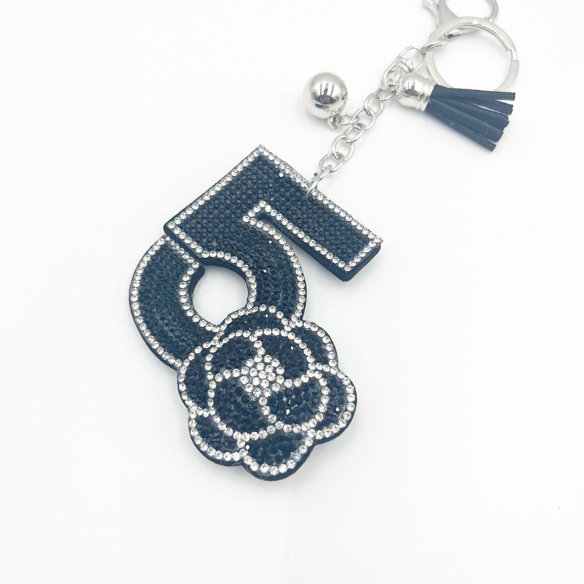Luxury Crystal No.5 Camellia Keychain – Rhinestone Tassel Designer-Style Bag Charm