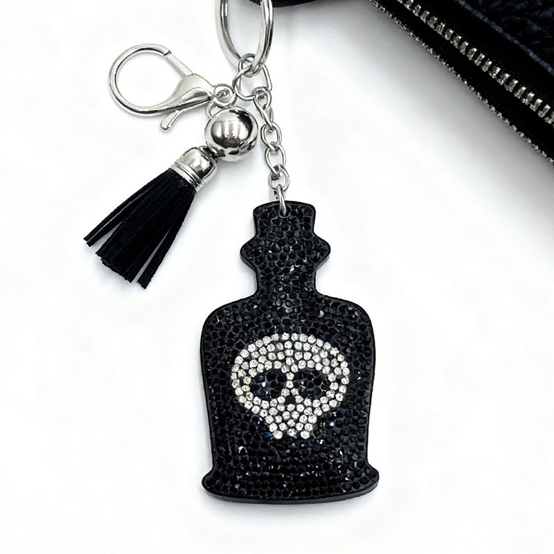 Gothic Skull Bottle Rhinestone Keychain with Tassel – Dark Style Bag Charm