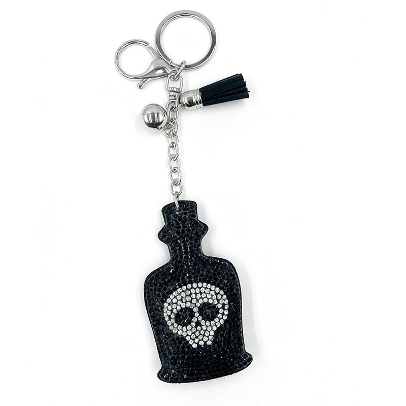 Gothic Skull Bottle Rhinestone Keychain with Tassel – Dark Style Bag Charm