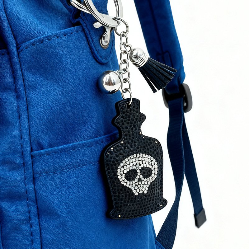 Gothic Skull Bottle Rhinestone Keychain with Tassel – Dark Style Bag Charm
