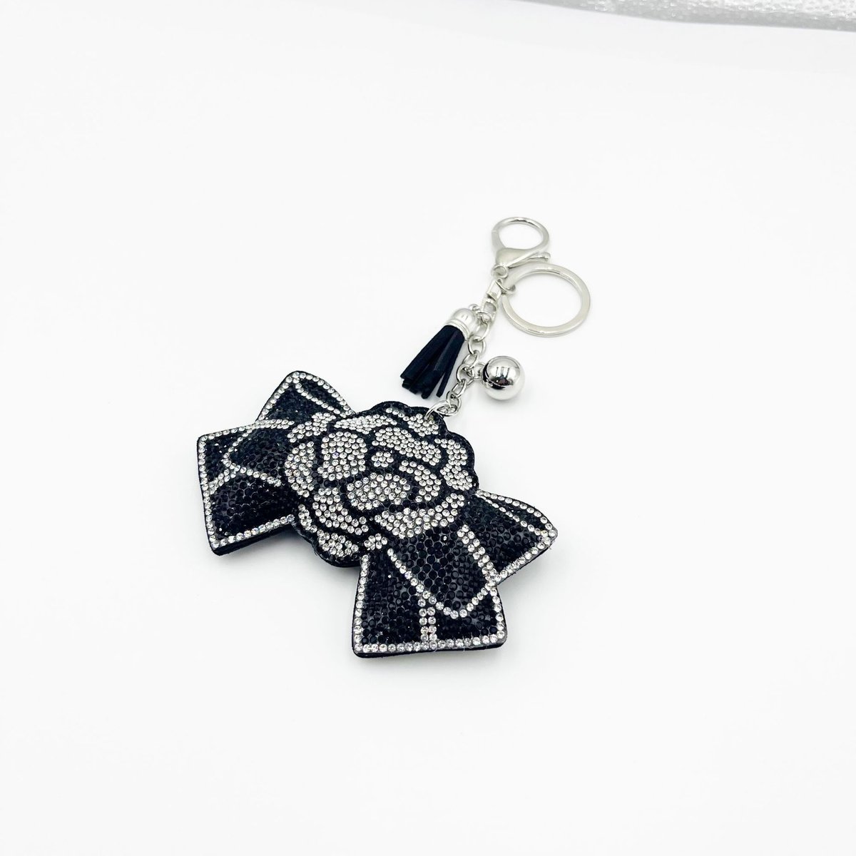 Chic Black Rose Rhinestone Bow Keychain – Designer-Style Suede Bag & Car Charm