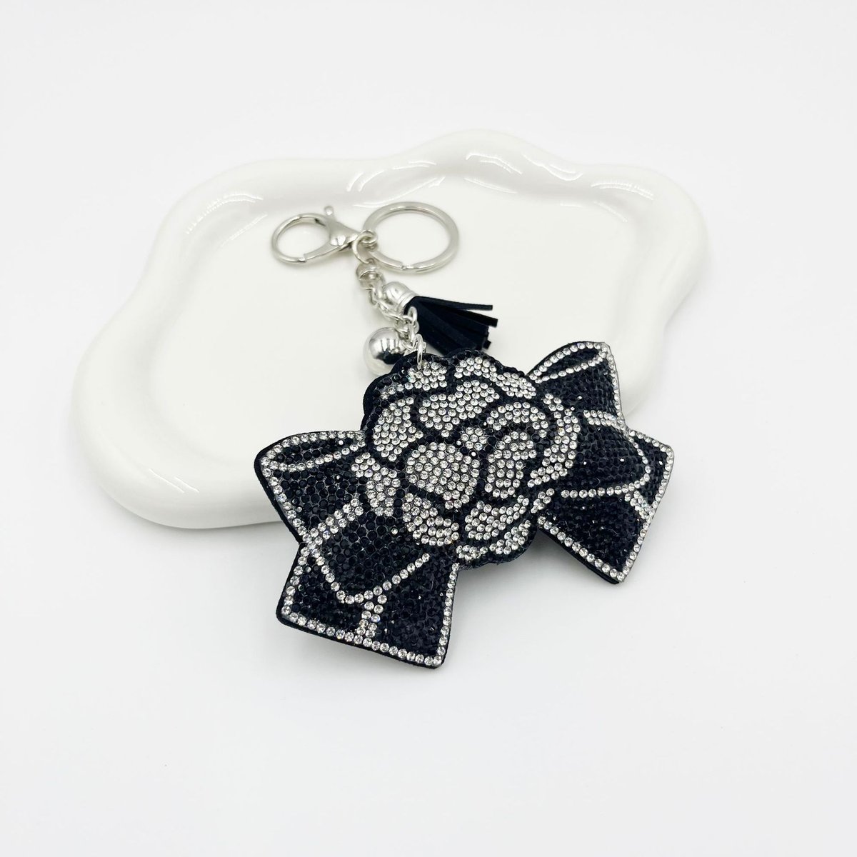 Chic Black Rose Rhinestone Bow Keychain – Designer-Style Suede Bag & Car Charm