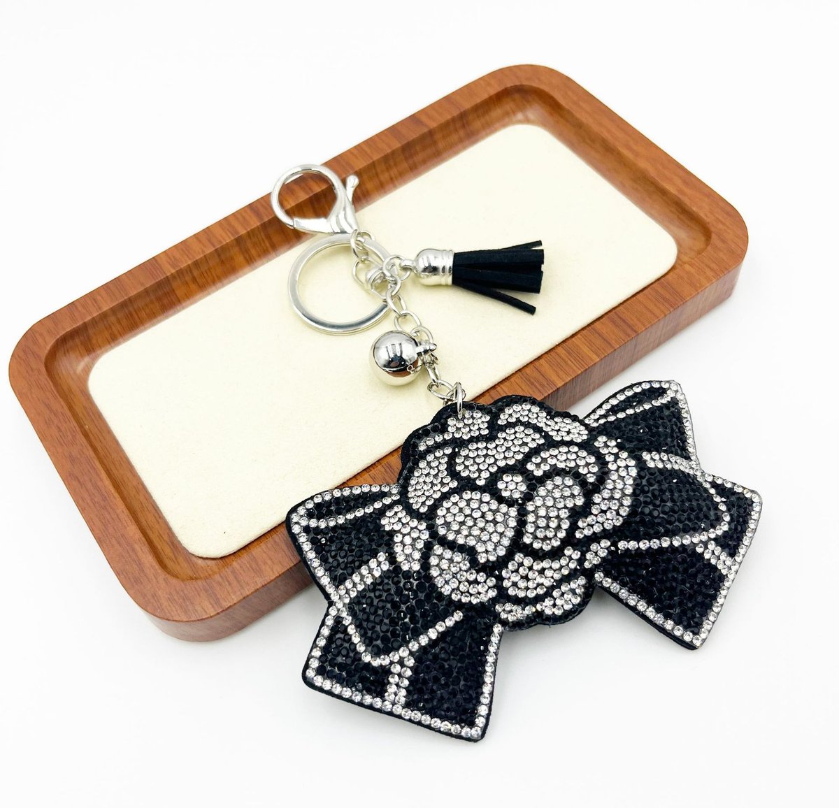 Chic Black Rose Rhinestone Bow Keychain – Designer-Style Suede Bag & Car Charm