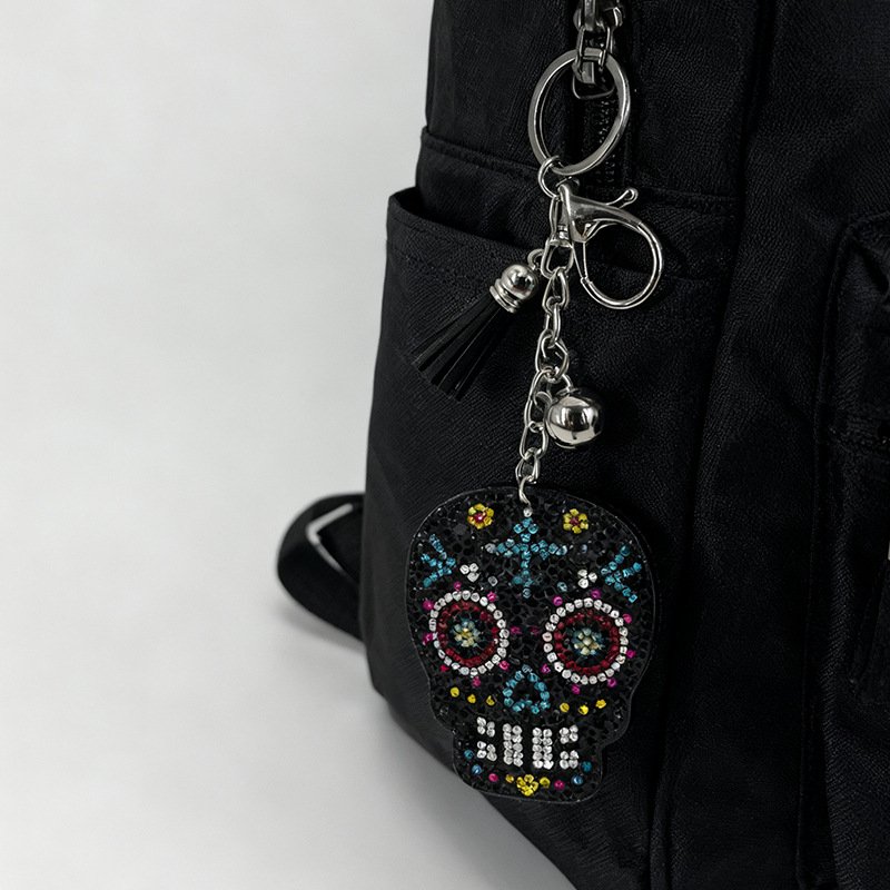 Colorful Rhinestone Skull Keychain with Tassel – Halloween Sparkle Bag Charm