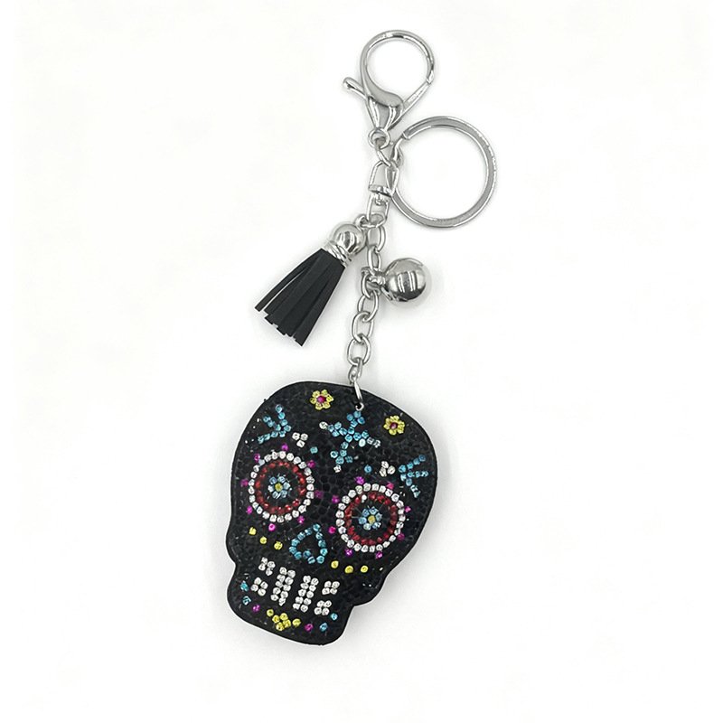 Colorful Rhinestone Skull Keychain with Tassel – Halloween Sparkle Bag Charm